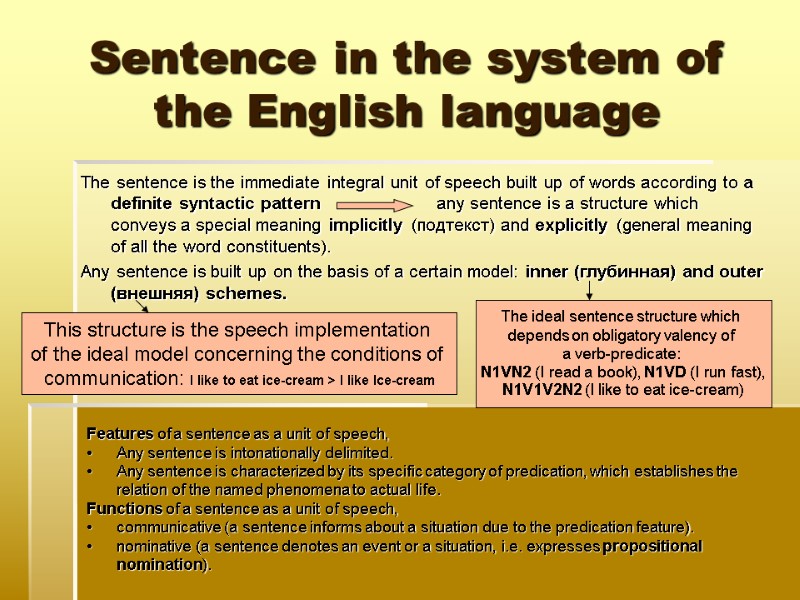 Sentence in the system of the English language The sentence is the immediate integral